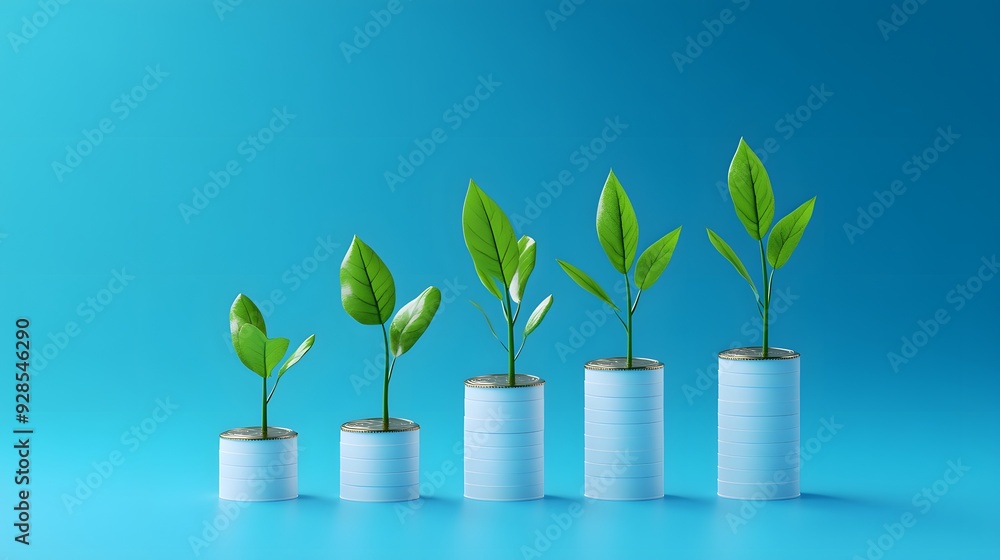 Growing green plants on stacked coins signifying business growth, investment and financial success on a blue background. Growing green plants on stacked coins signifying business growth, investment and financial success on a blue background.