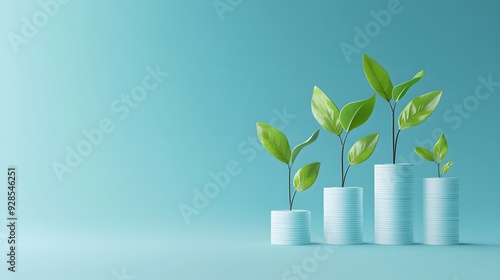 Green seedlings growing on stacked coins, symbolizing financial growth, investment, and sustainability on a blue background. photo