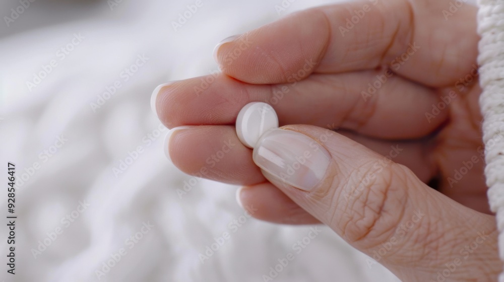 Close-up view of a woman's hand holding a sleep aid pill, highlighting wellness and sleep management. Close-up view of a woman's hand holding a sleep aid pill, highlighting wellness and sleep management.