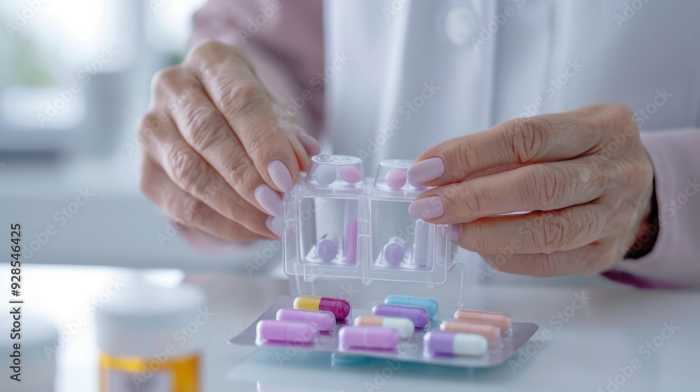 Close-up view of a woman's hand carefully selecting a pill from a weekly pill organizer, promoting health management. Close-up view of a woman's hand carefully selecting a pill from a weekly pill organizer, promoting health management.