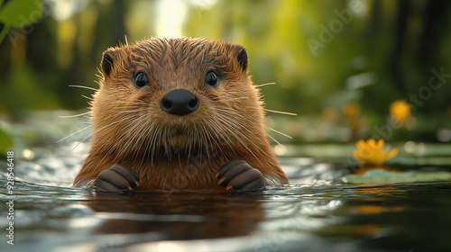 Show animals like otters or beavers and birds near lakes, rivers, or ponds, interacting with their aquatic surroundings