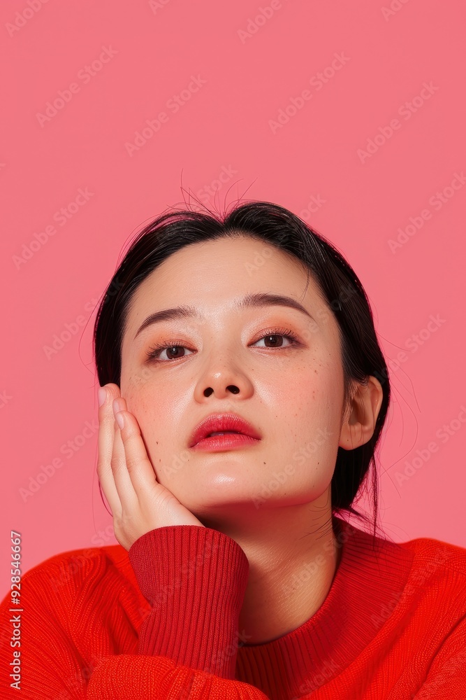 A Young Chinese Woman Posing Against A Pink Background, Isolated A Young Chinese Woman Posing Against A Pink Background, Isolated