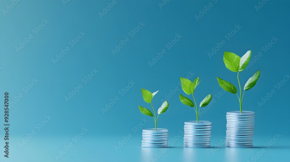 Growth concept: three plants sprouting from stacks of coins against a blue background, symbolizing financial growth and investment. Growth concept: three plants sprouting from stacks of coins against a blue background, symbolizing financial growth and investment.