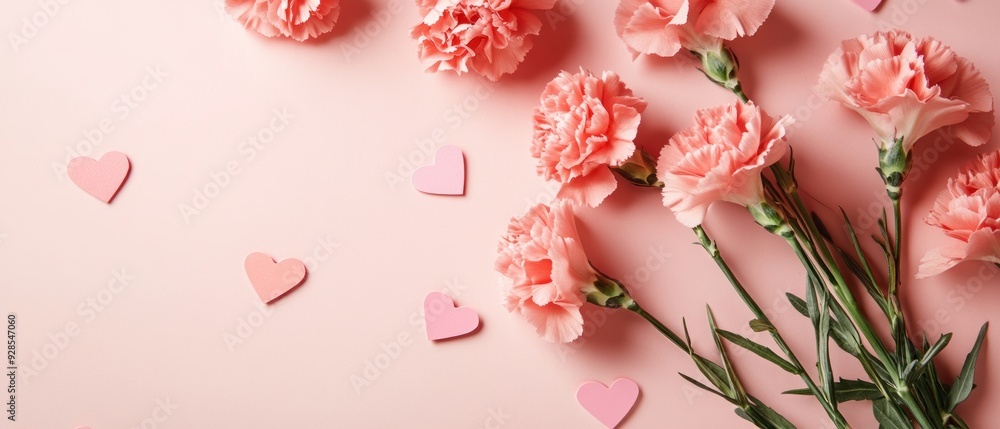 Pink Carnations and Hearts on a Pink Background Pink Carnations and Hearts on a Pink Background