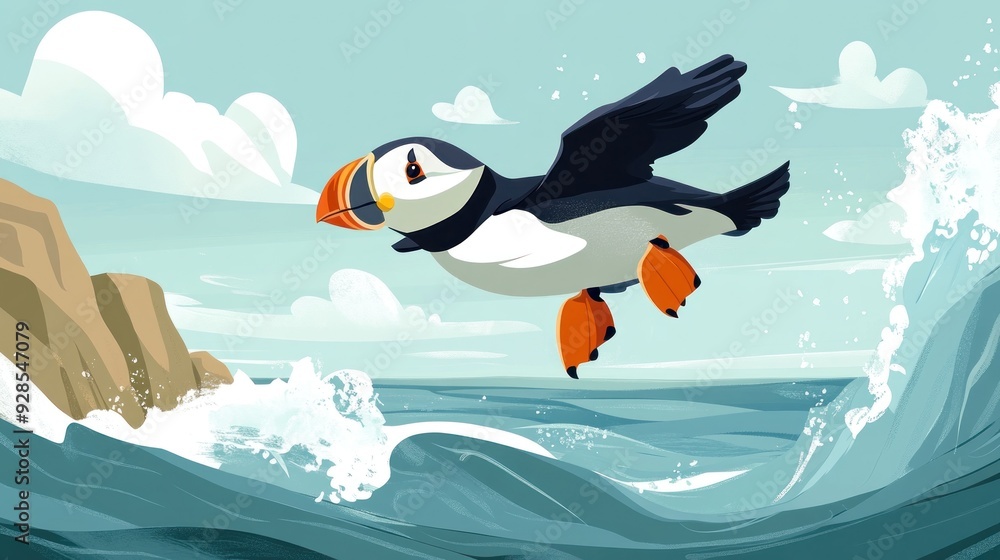 Obraz premium Puffin Flying Over Ocean Waves