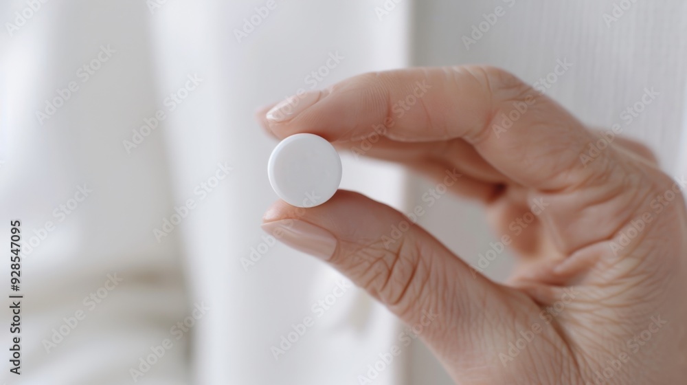 Extreme close-up of a woman's hand grasping an antidepressant pill, emphasizing mental health and treatment. Extreme close-up of a woman's hand grasping an antidepressant pill, emphasizing mental health and treatment.