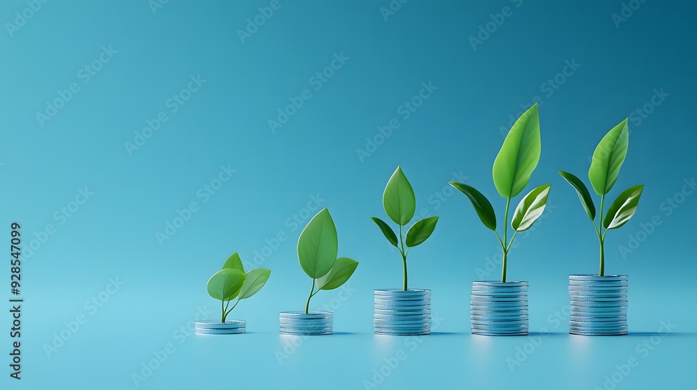 Growth concept with green plants sprouting from stacked coins on gradient blue background, symbolizing investment and financial success. Growth concept with green plants sprouting from stacked coins on gradient blue background, symbolizing investment and financial success.
