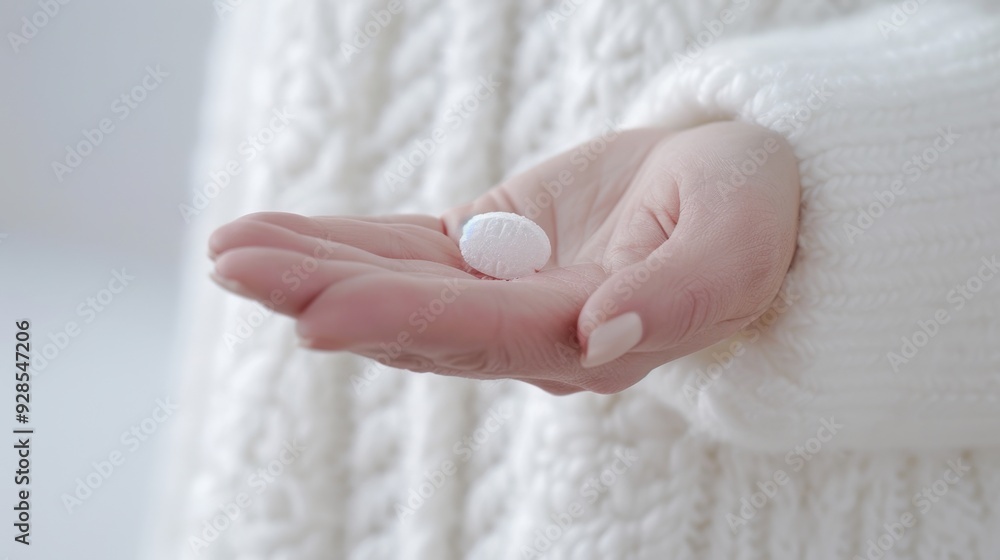 Extreme close-up of a woman's hand presenting a pill on her palm, highlighting medication adherence. Extreme close-up of a woman's hand presenting a pill on her palm, highlighting medication adherence.