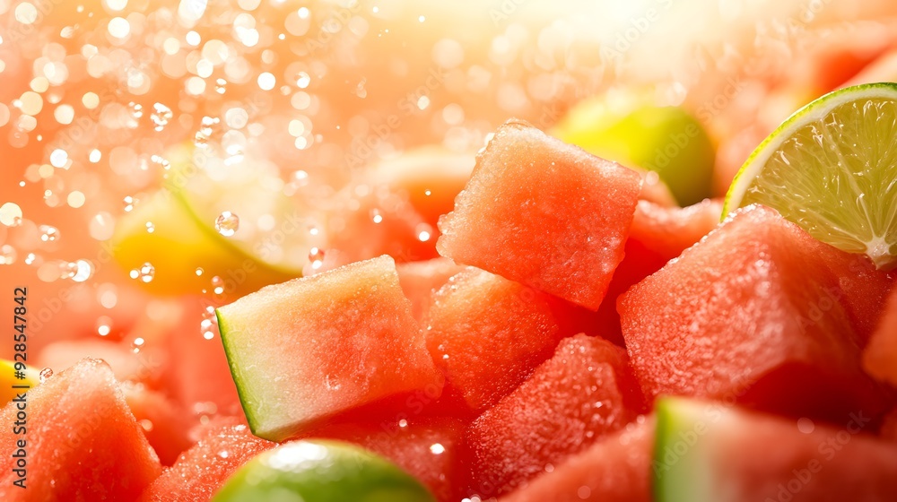 Watermelon cubes and lime slices in sparkling soda water, retro style, warm colors, light reflections, playful and energetic composition, close-up shot, refreshing feel. Watermelon cubes and lime slices in sparkling soda water, retro style, warm colors, light reflections, playful and energetic composition, close-up shot, refreshing feel.