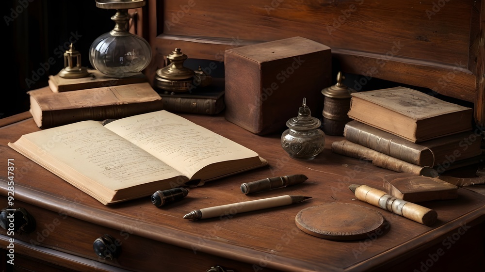 Detail of an old writing desk with quill, ink and books
Detail of an old writing desk with quill, ink and books