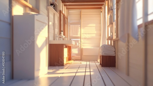 Sunbeams streaming through a modern bathroom.