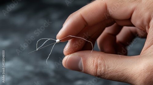 A close-up of hands showing how to thread a needle for sewing.