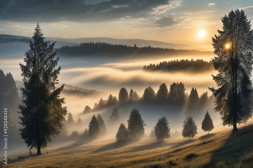 Obraz premium Sunrise Over Misty Forest