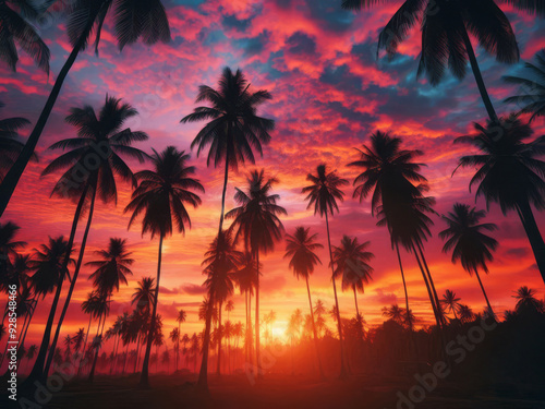 A tropical scene during sunset with silhouettes of palm trees