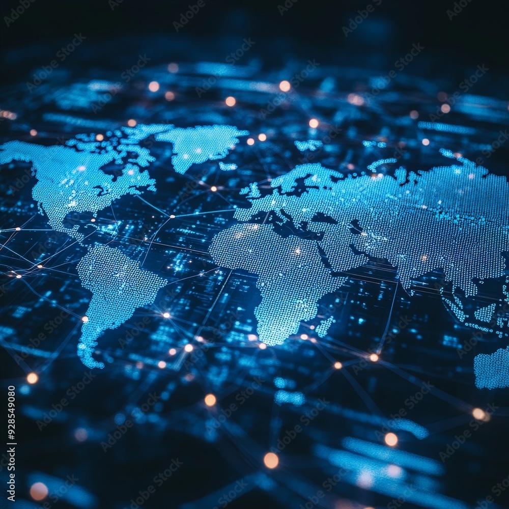 Digital Global Network Map in Cool Blue Tones Digital Global Network Map in Cool Blue Tones