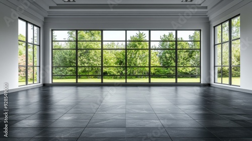 A large, empty room with a view of trees outside