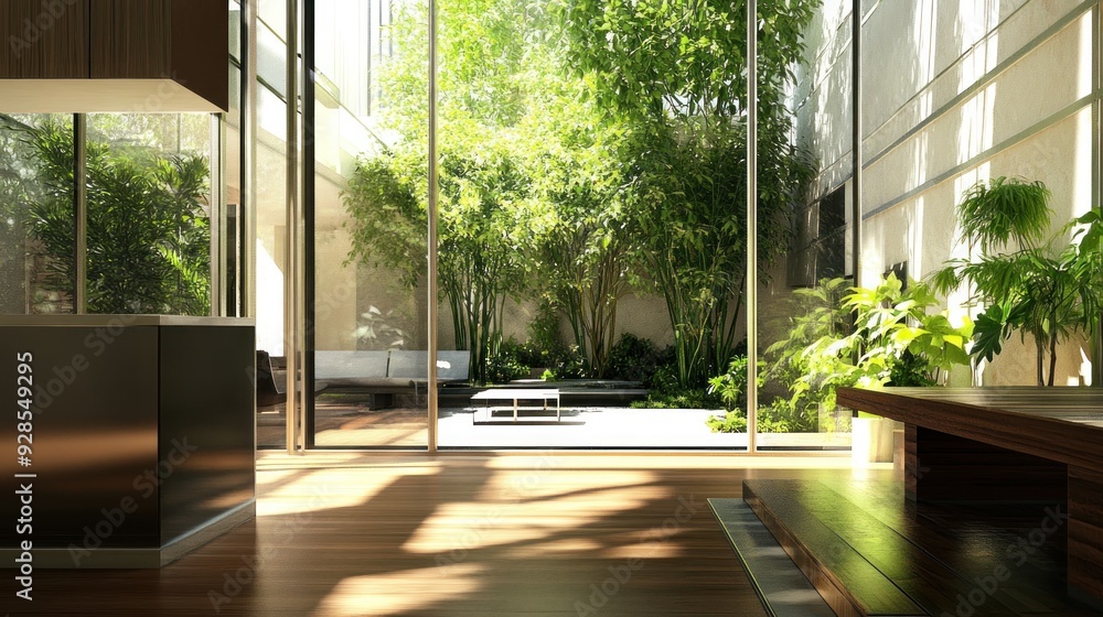 Modern Interior with Large Windows and View of Green Garden. Modern Interior with Large Windows and View of Green Garden.