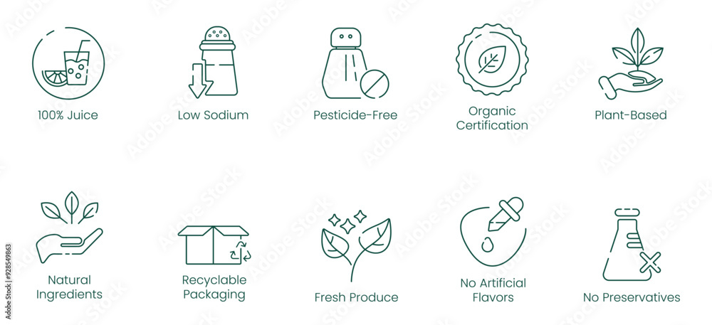 100% Juice, Low Sodium, Pesticides-Free, Organic Certification, Plant-Based, Natural Ingredients, Recycled Packaging, Fresh Produce, No Artificial Flavors, and No Preservatives Vector Illustration Ico 100% Juice, Low Sodium, Pesticides-Free, Organic Certification, Plant-Based, Natural Ingredients, Recycled Packaging, Fresh Produce, No Artificial Flavors, and No Preservatives Vector Illustration Ico