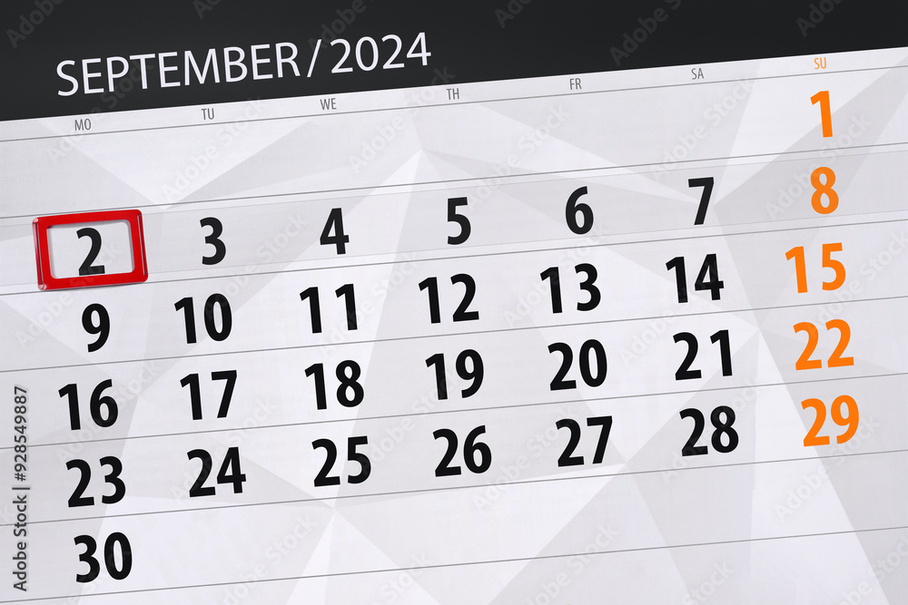 Fototapeta premium Calendar 2024, deadline, day, month, page, organizer, date, September, monday, number 2