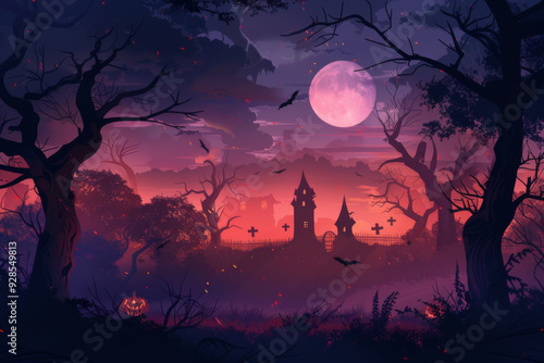 Haunted graveyard scene with eerie trees, silhouettes, and a spooky atmosphere at dusk.