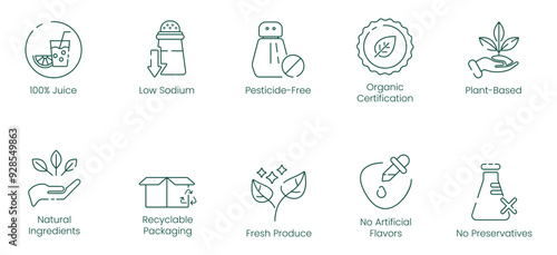 100% Juice, Low Sodium, Pesticides-Free, Organic Certification, Plant-Based, Natural Ingredients, Recycled Packaging, Fresh Produce, No Artificial Flavors, and No Preservatives Vector Illustration Ico