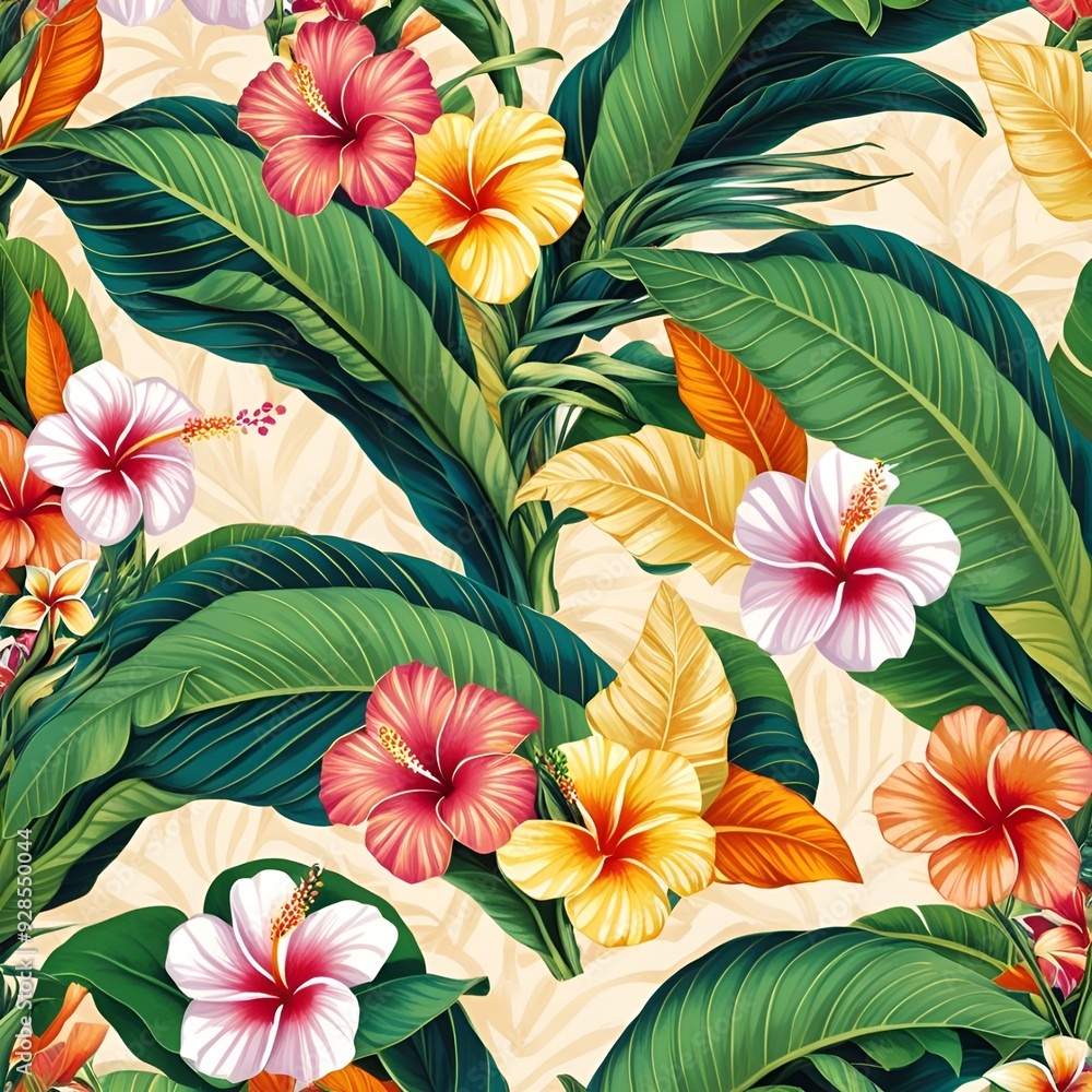Tropical seamless pattern with tropical flowers, banana leaves generative ai Tropical seamless pattern with tropical flowers, banana leaves generative ai