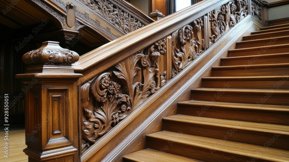 Obraz premium Intricately Carved Wooden Staircase