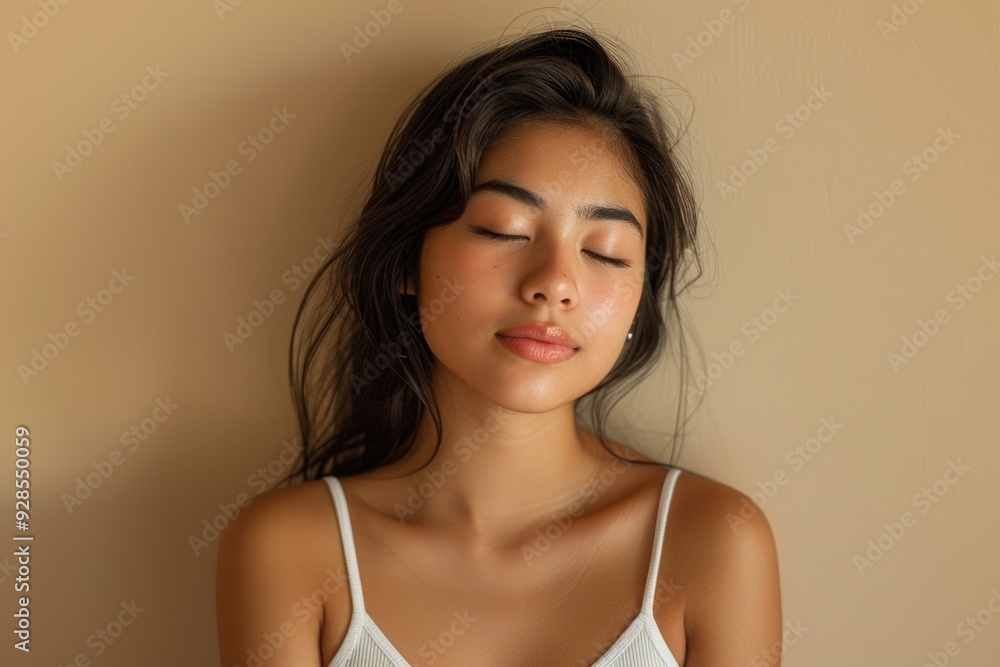 A woman relaxing with eyes shut, possibly sleeping or meditating A woman relaxing with eyes shut, possibly sleeping or meditating