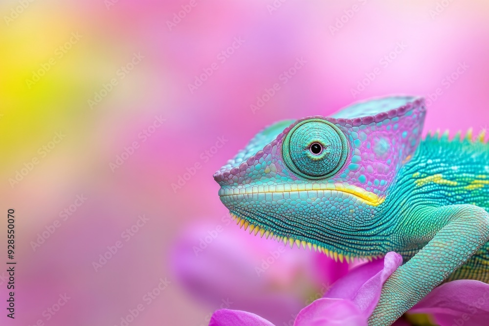 Obraz premium A vibrant chameleon displaying stunning turquoise, purple, and yellow hues, perched on a pink flower