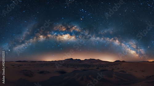 A breathtaking night sky with the Milky Way galaxy arching over a desert landscape.