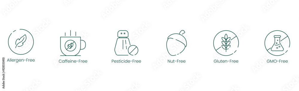 Allergen-Free, Caffeine-Free, Pesticides-Free, Nut-Free, Gluten-Free, and GMO-Free Vector Illustration Icon Set