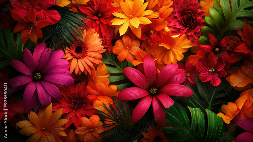 A vibrant display of colorful flowers in full bloom, creating a stunning and lush floral arrangement with rich green leaves. A vibrant display of colorful flowers in full bloom, creating a stunning and lush floral arrangement with rich green leaves.