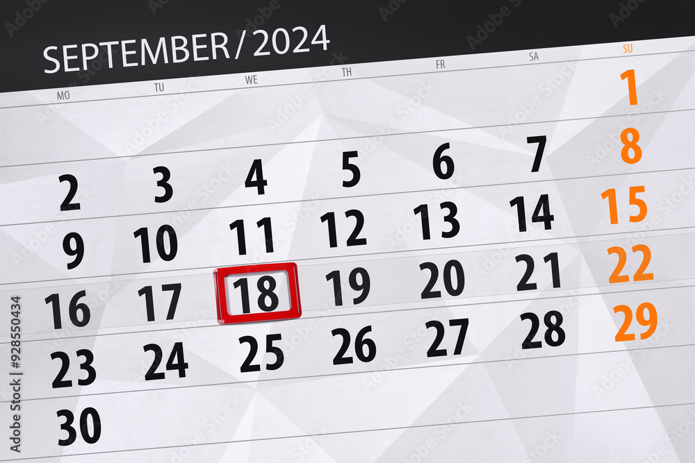 Fototapeta premium Calendar 2024, deadline, day, month, page, organizer, date, September, wednesday, number 18