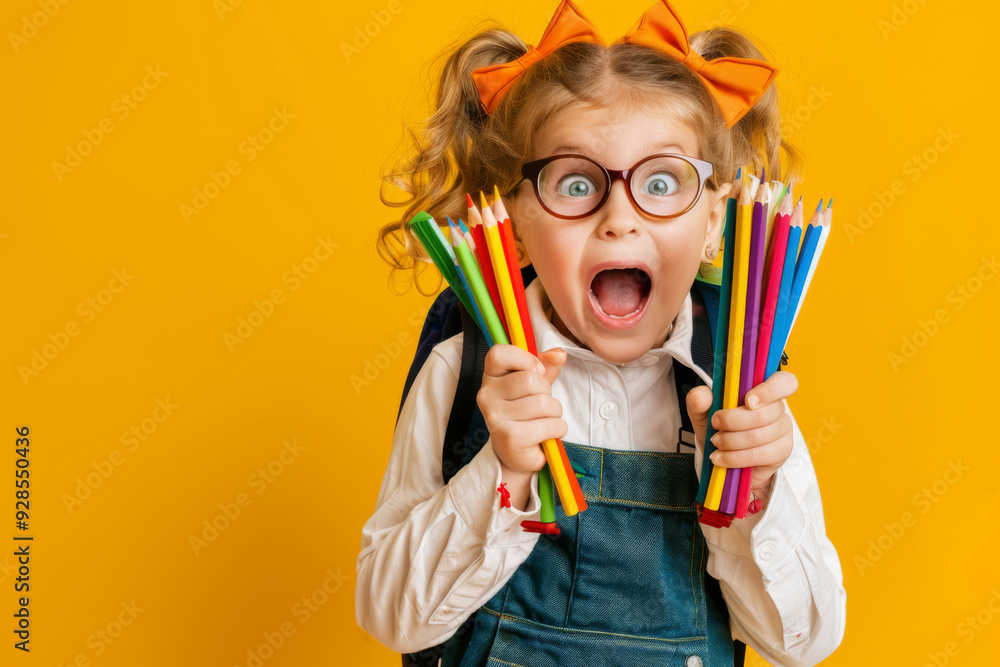 Excited young girl with glasses holding colorful pencils, ready for school, against a vibrant yellow background. Excited young girl with glasses holding colorful pencils, ready for school, against a vibrant yellow background.
