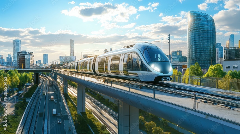 Naklejka premium A modern train travels on an elevated track in a vibrant cityscape.