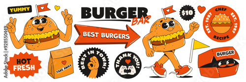 Set of burger stickers with a retro groovy style. Burger bar, cafe, fast food restaurant. Delivery and take away. Signage in the shape of an arrow. Funny comic retro design.