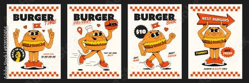 A set of posters with retro groovy burger characters. Delivery, burger bar, cafe, fast food restaurant. The best burger in the town.