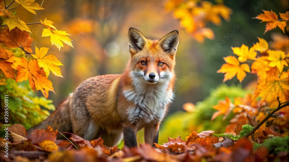 Obraz premium Vibrant red fox stands amidst autumn foliage, its bushy tail and curious gaze fixed directly at the camera, exuding wild beauty and woodland charm.