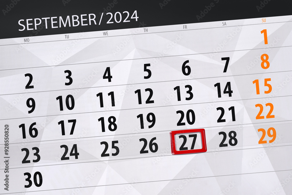 Obraz premium Calendar 2024, deadline, day, month, page, organizer, date, September, friday, number 27