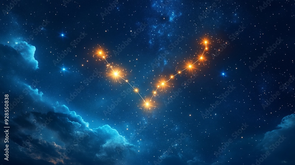 Fototapeta premium Night sky showing the Taurus constellation illuminated by stars above serene clouds