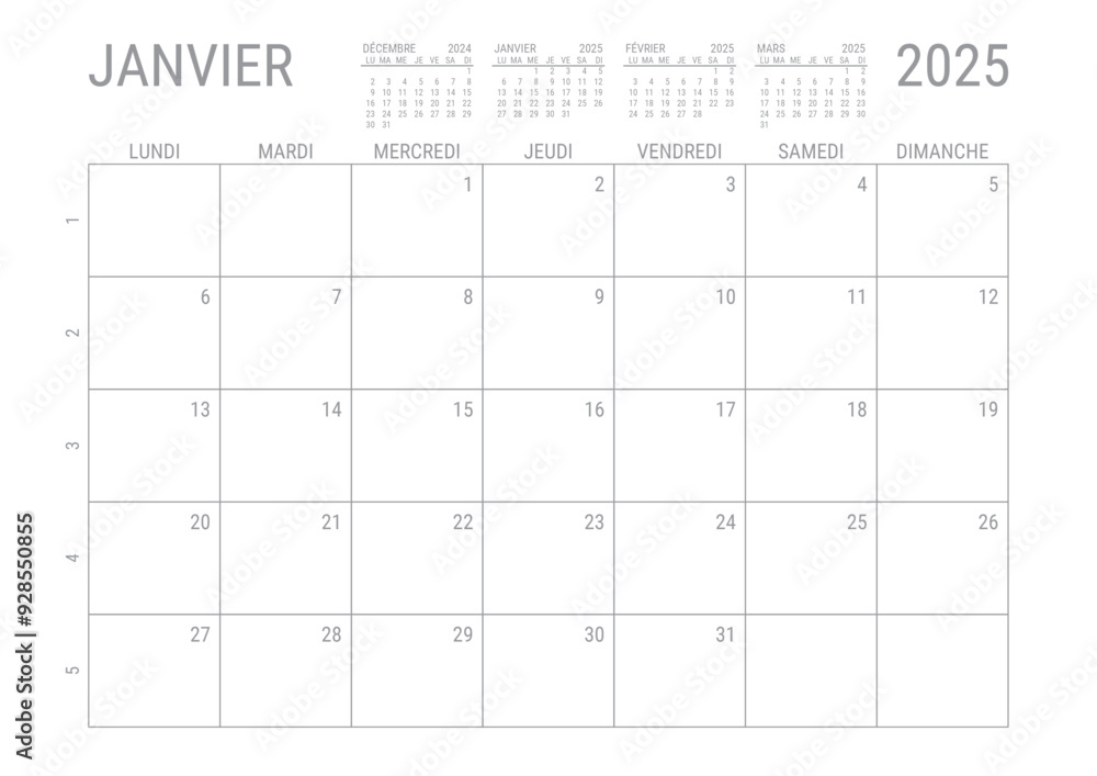 Calendrier Janvier 2025 Mensual Planificateur avec Numero de Semaine à imprimer A4 Calendrier Janvier 2025 Mensual Planificateur avec Numero de Semaine à imprimer A4
