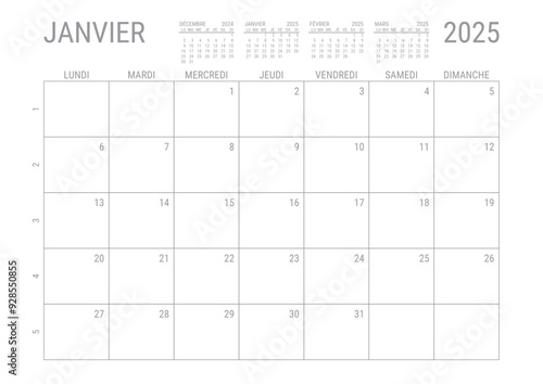 Calendrier Janvier 2025 Mensual Planificateur avec Numero de Semaine à imprimer A4	