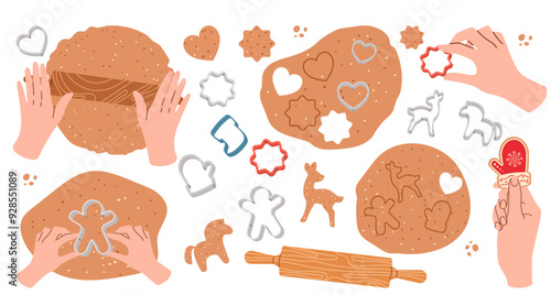 Girl rolls out cookie dough. Making Christmas gingerbread cookies on isolated background. Top view. Homemade bakery preparing with dough.  Cooking school. Vector illustration in flat style.