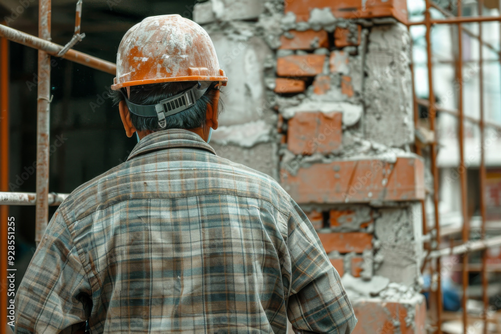 Construction worker overseeing a building site, wearing a hard hat and tool belt, with focus on safety and efficiency. Construction worker overseeing a building site, wearing a hard hat and tool belt, with focus on safety and efficiency.