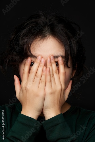 Wallpaper Mural A Young Chinese Woman Isolated, Having Fun, Covering Half Her Face With Her Palm Torontodigital.ca