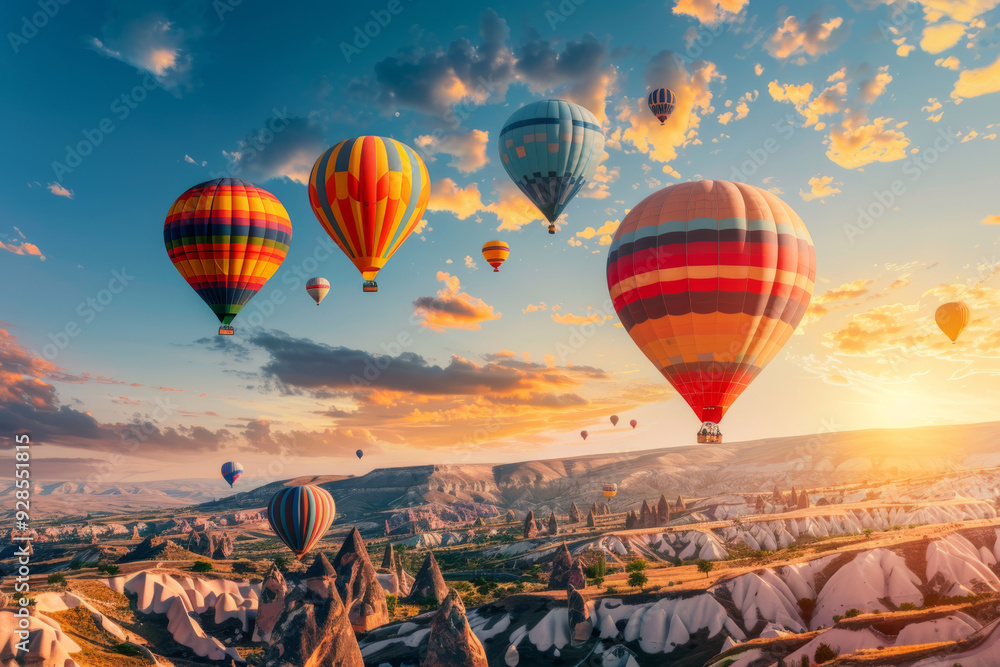Fototapeta premium Colorful hot air balloons floating over Cappadocia’s unique landscape at sunrise, showcasing the beauty of travel.