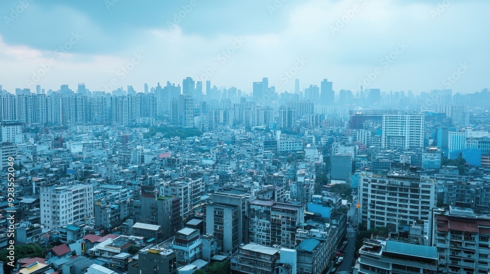 Fototapeta premium A panoramic view of a densely populated urban landscape under a cloudy sky.