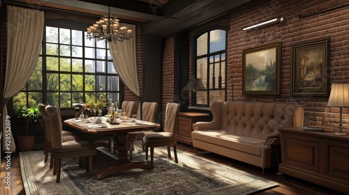 Wallpaper Mural Vintage dining room with brick walls, chandelier and large windows. Torontodigital.ca