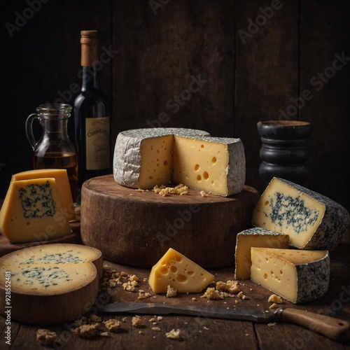 Relish in the richness of handcrafted cheeses with a well-styled cheese display showcasing diverse textures and flavors