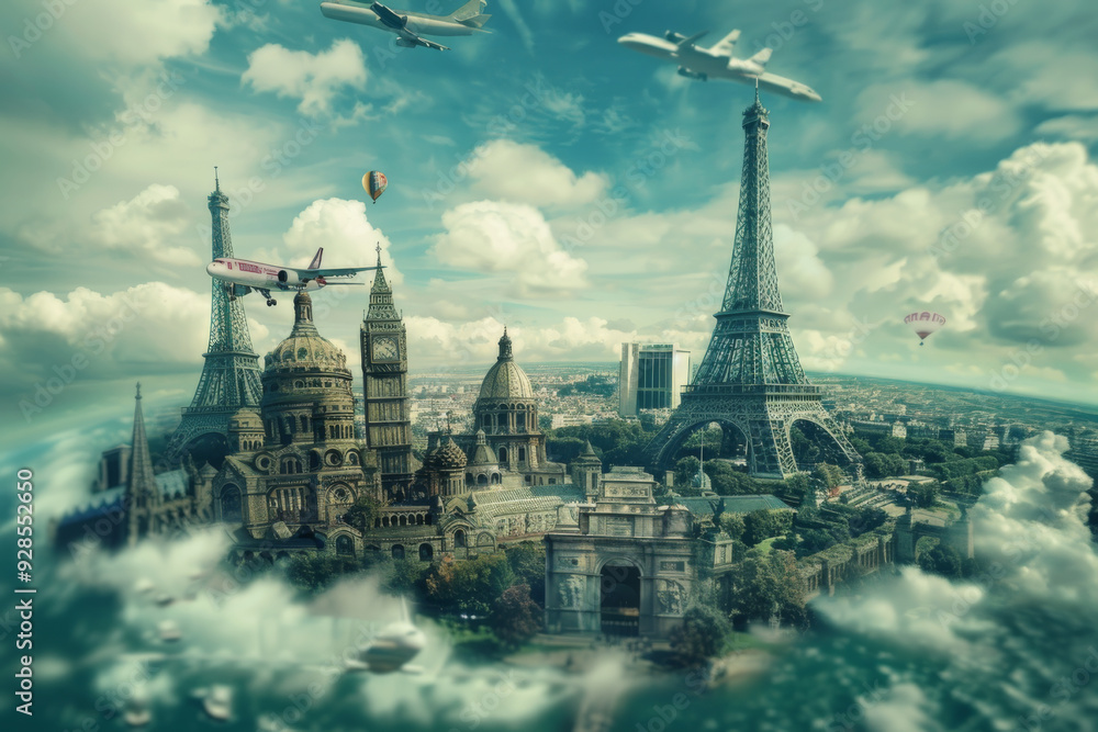 Fototapeta premium A surreal travel collage showcasing iconic landmarks from around the world, including the Eiffel Tower and Big Ben, with planes and hot air balloons in the sky.